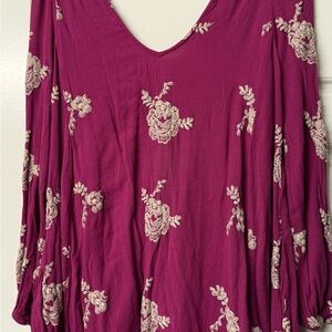 Free People Magenta Blouse with Cream Embroidery
